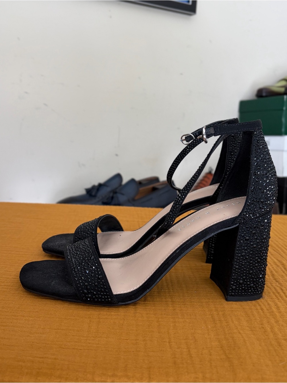 Kelly & Katie Black Rhinestone Block Heel Sandals Size 9M Ankle Strap Heel